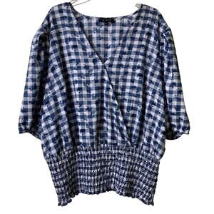 1 State Blue‎ Check Floral Smocked Faux Wrap Top 2X (2540)